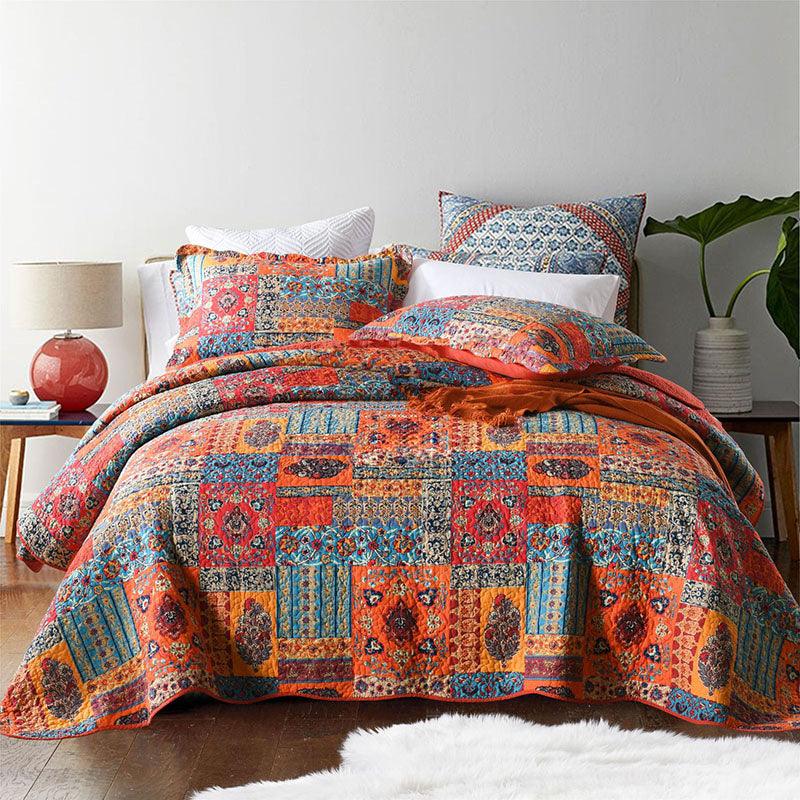 High-End Multicolor Elegance: Three-Piece Cotton Printed Bed Cover SetRed 230x250cm 