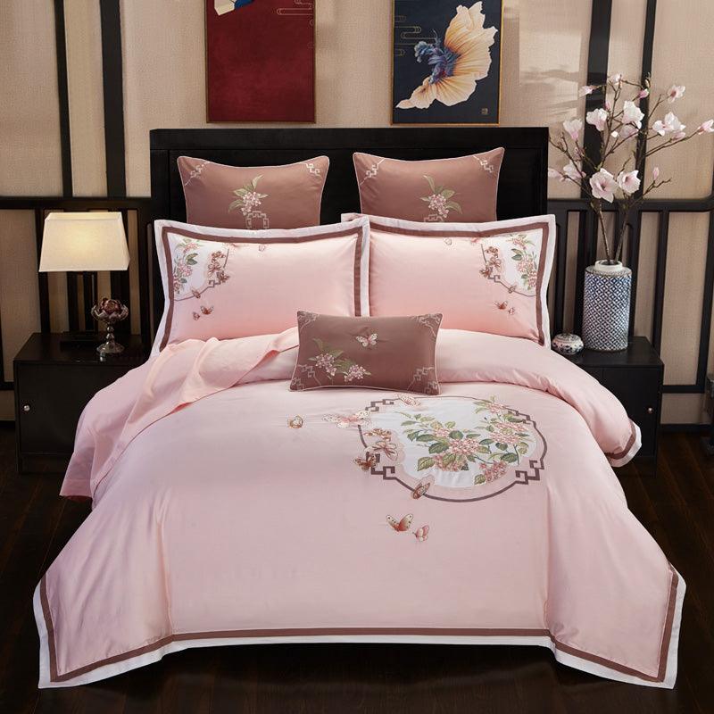 Opulent Charm: Luxury 4-Piece Embroidered Cotton Bedding Set02 pink 220 240cm 