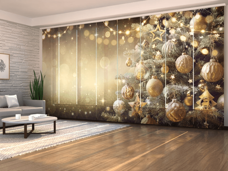Set of 8 Panel Curtains Christmas Tree With Retro Golden Decorations"Screen 40 180