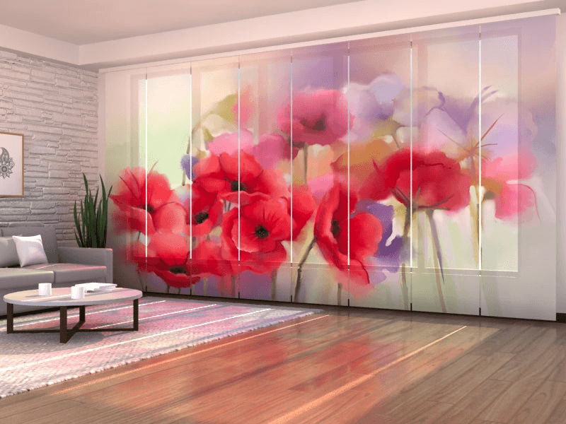 Set of 8 Watercolor Red Poppy Panel CurtainsScreen 40 140