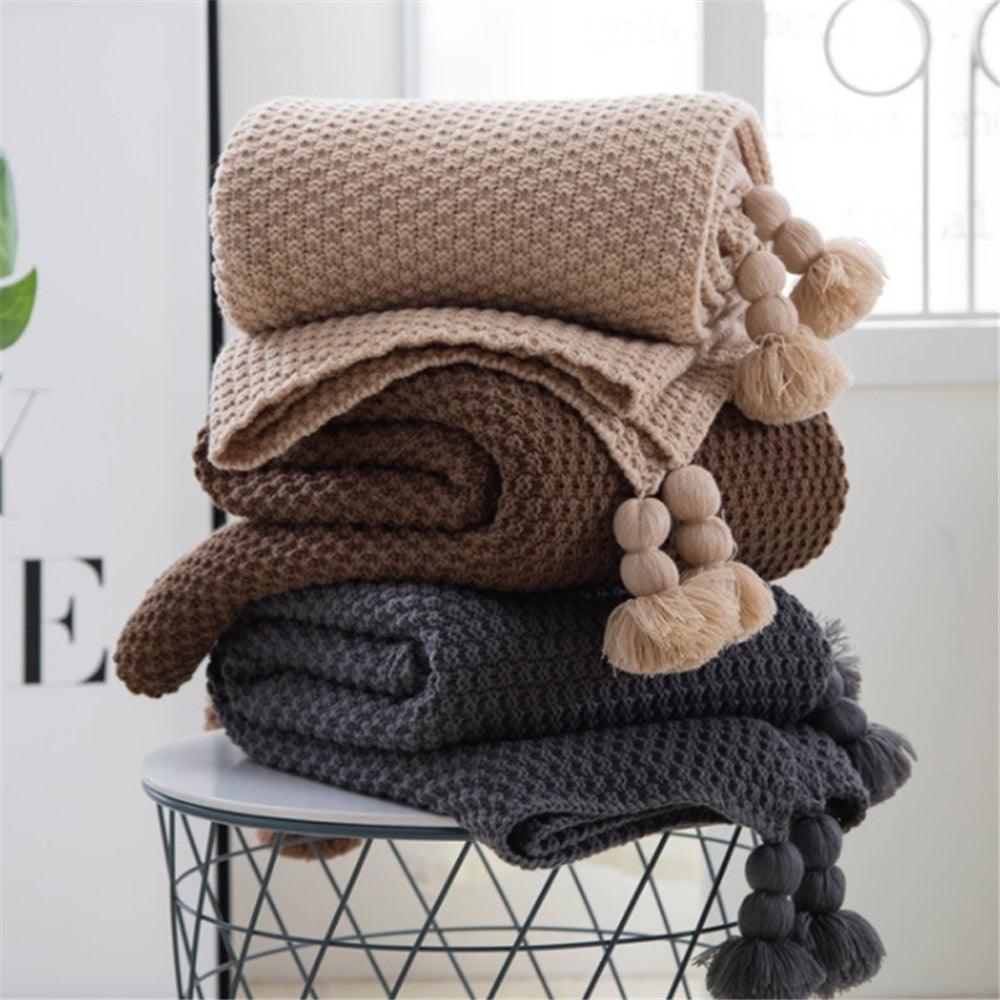 Nordic Fringed Knitted Ball Wool Leisure Blanket  