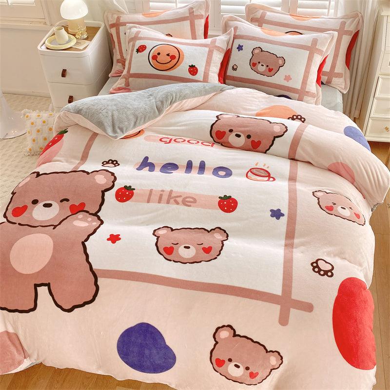 Adorable Delight: Cute Cartoon Kids Soft Milk Velvet Bedding SetSmiling bear Bed sheet style 1.5M