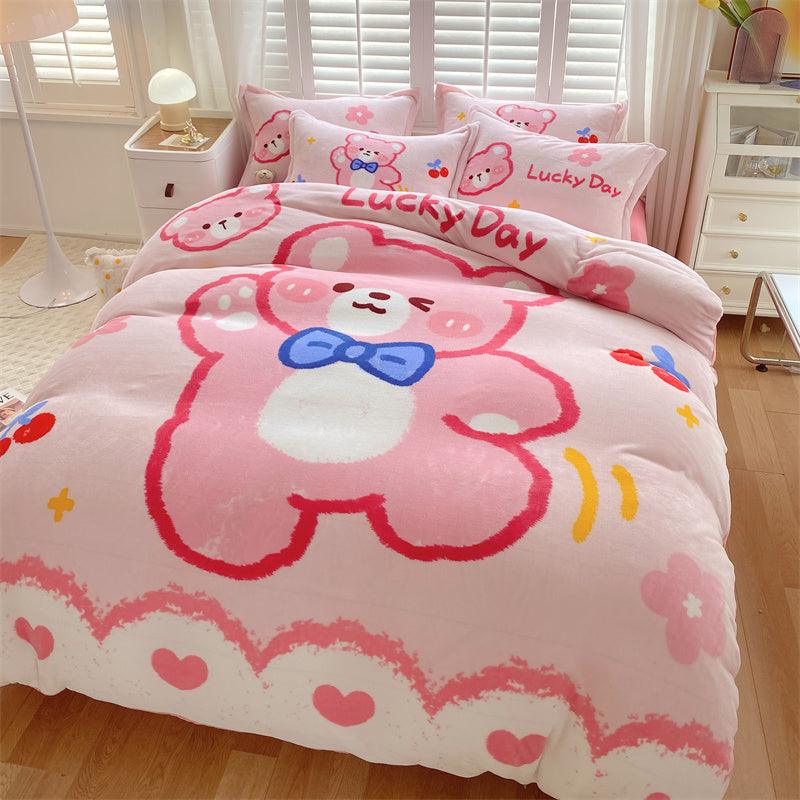 Adorable Delight: Cute Cartoon Kids Soft Milk Velvet Bedding SetLucky bear Bed sheet style 1.5M