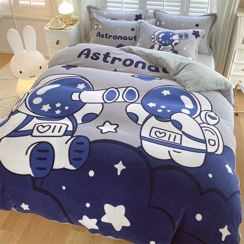 Adorable Delight: Cute Cartoon Kids Soft Milk Velvet Bedding SetSpace Bed sheet style 1.5M