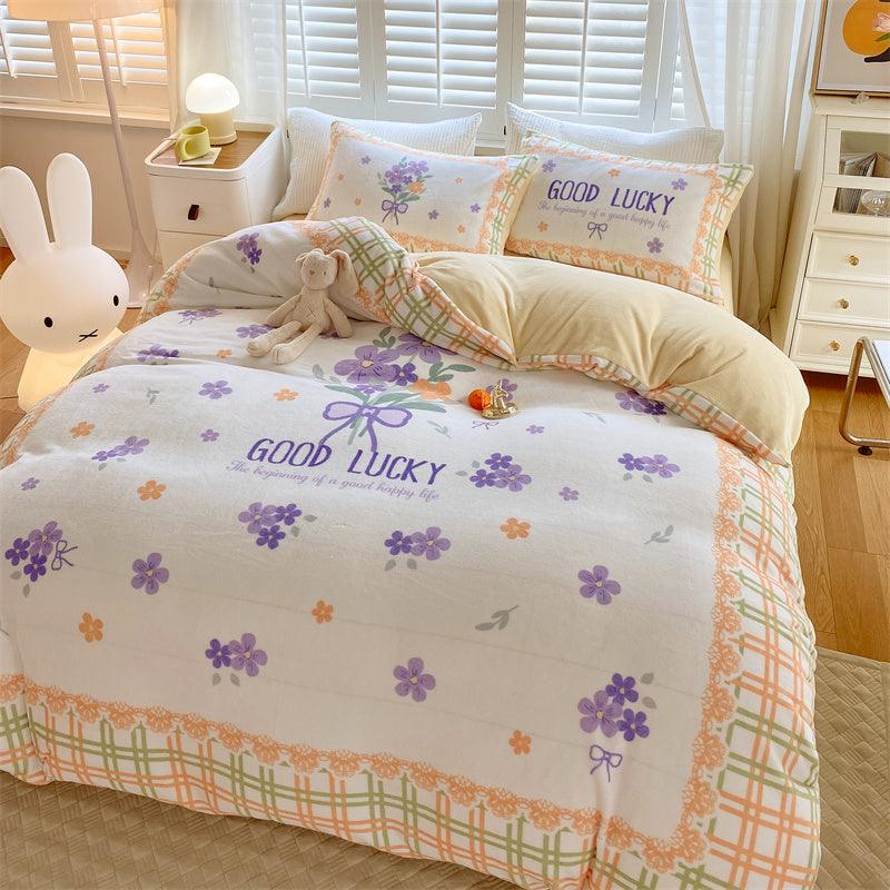 Adorable Delight: Cute Cartoon Kids Soft Milk Velvet Bedding SetTender bouquet Bed sheet style 1.5M