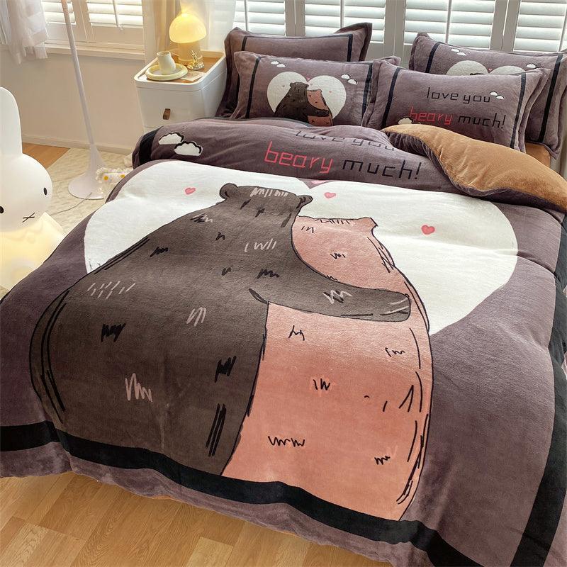 Adorable Delight: Cute Cartoon Kids Soft Milk Velvet Bedding SetBack bear Bed sheet style 1.5M