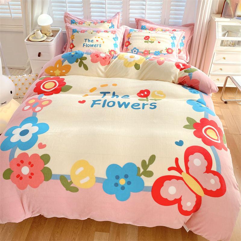 Adorable Delight: Cute Cartoon Kids Soft Milk Velvet Bedding SetFlowering season Bed sheet style 1.5M