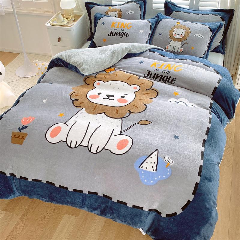Adorable Delight: Cute Cartoon Kids Soft Milk Velvet Bedding SetLittle lion king Bed sheet style 1.5M