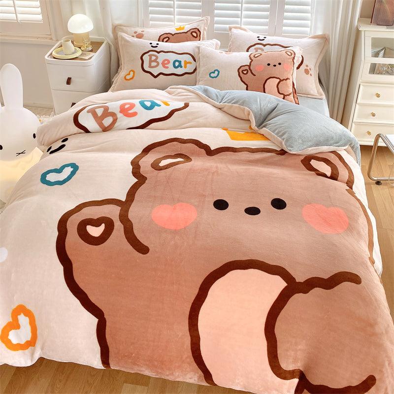 Adorable Delight: Cute Cartoon Kids Soft Milk Velvet Bedding SetTeddy bear Bed sheet style 1.5M