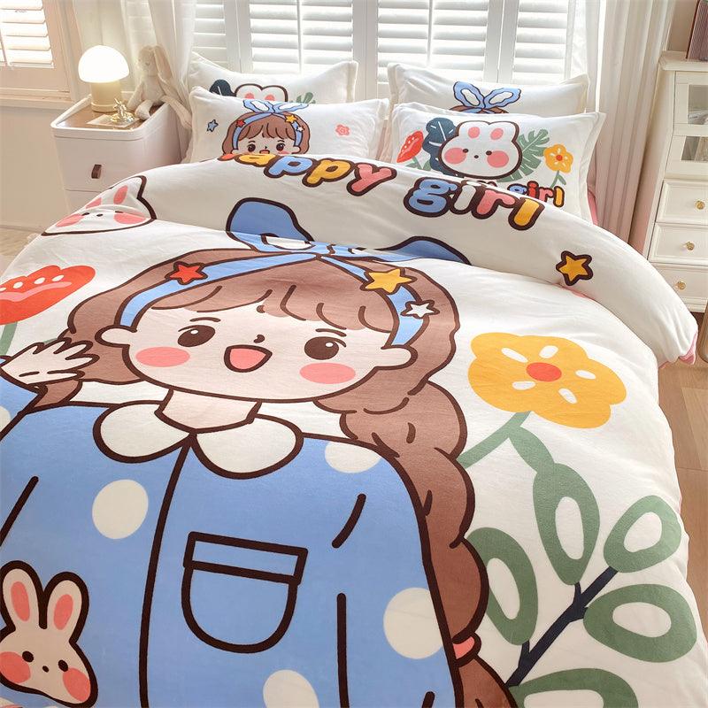 Adorable Delight: Cute Cartoon Kids Soft Milk Velvet Bedding SetLittle princess Bed sheet style 1.5M