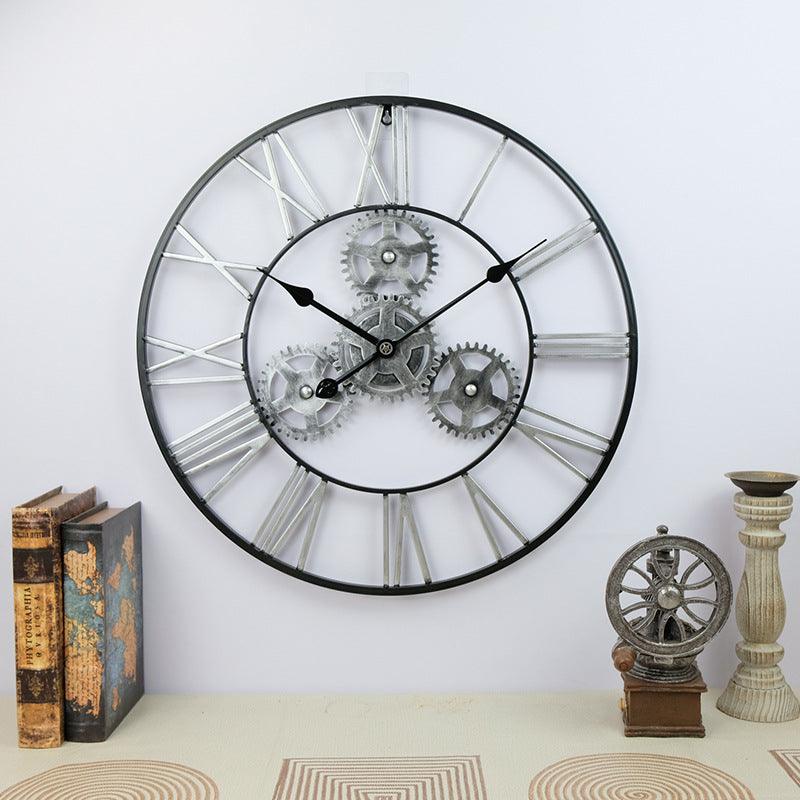 American Antique Iron Gear Wall ClockBlack Frame Silver Word 50cm  