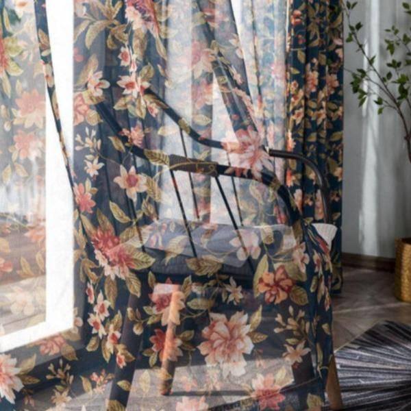 Annika black floral pattern sheer curtain100 cm x 250 cm Pencil Pleat 