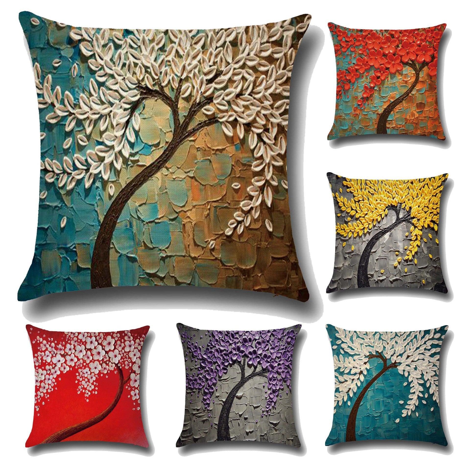 Artistic Essence: Three-Dimensional Oil Painting Trees and Flowers Cotton Cushion Cover  