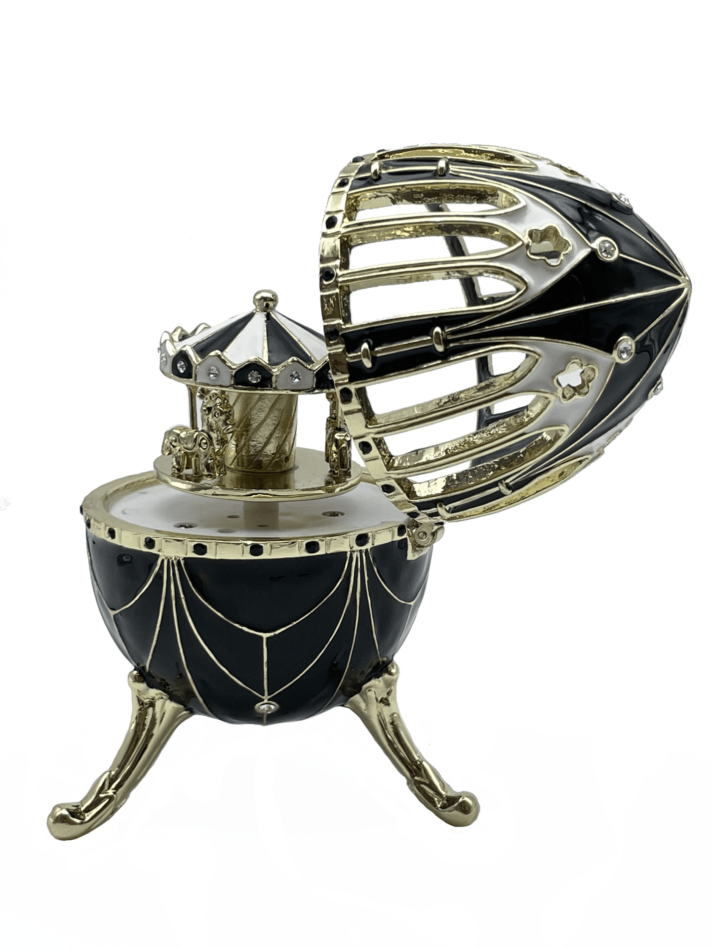 Black and Gold Faberge Egg with Horse Carousel Surprise Inside  