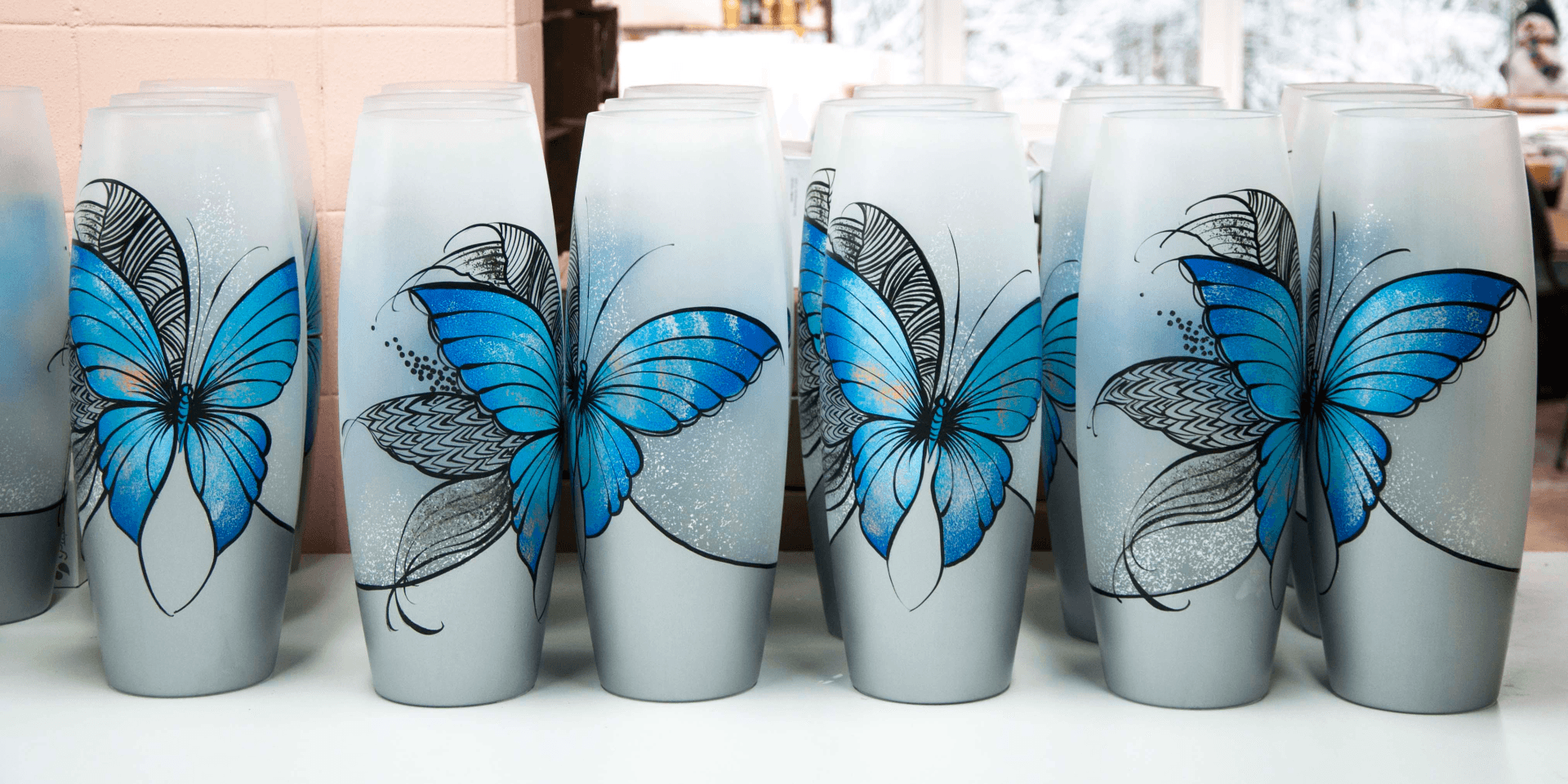 Blue butterfly floor Vase |  Large Handpainted Glass Vase for Flowers | Room Decor | Floor Vase 16 inch | 7124/400/sh227  