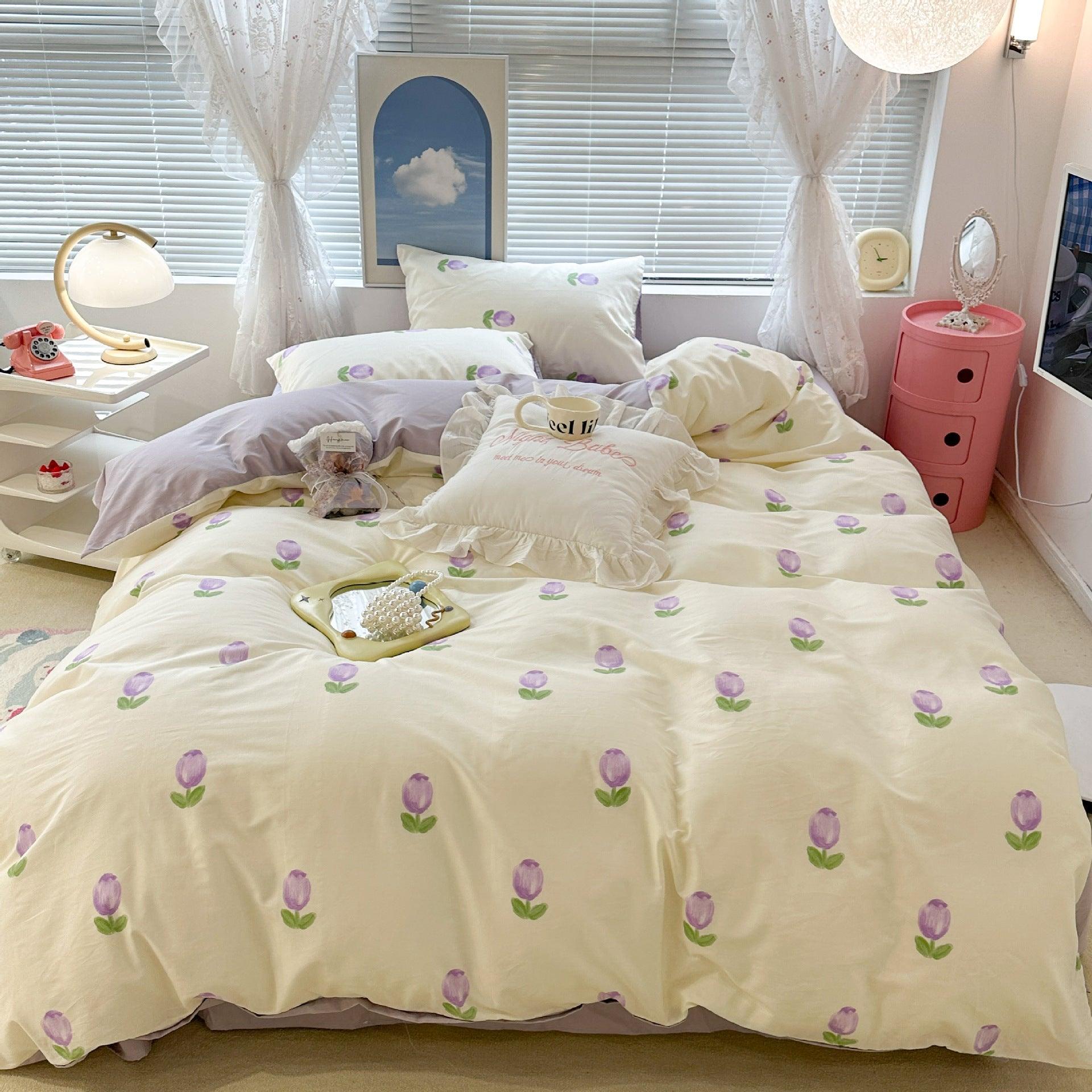 Charmingly Cute: Kids Cotton Pastoral Bedding SetPurple Tulip 1.2m Bed Sheet 