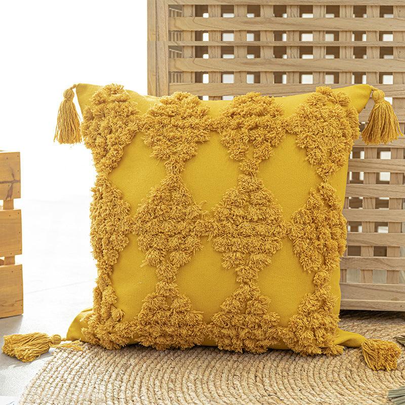 Chic Home Furnishing: Tufted Throw Pillow Case with Tassels - Elevate Your Sofa with Stylish Cushion CoverYellow square pillow Pillowcase 