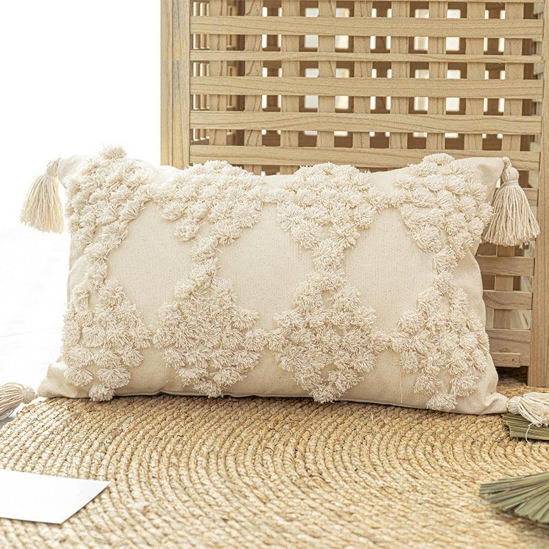 Chic Home Furnishing: Tufted Throw Pillow Case with Tassels - Elevate Your Sofa with Stylish Cushion CoverBeige rectangle pillow Pillowcase 