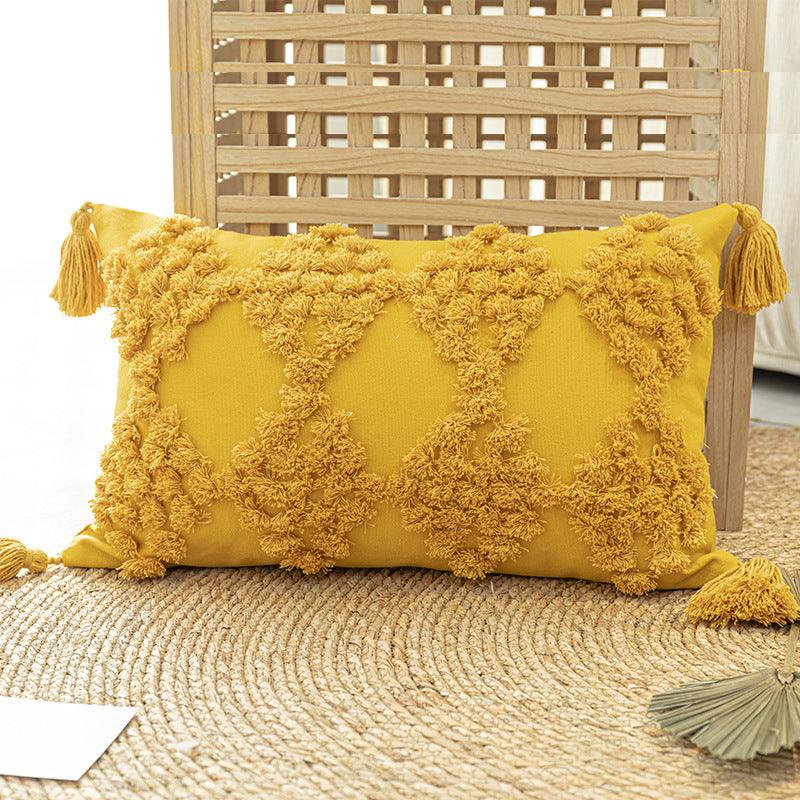 Chic Home Furnishing: Tufted Throw Pillow Case with Tassels - Elevate Your Sofa with Stylish Cushion CoverYellow rectangle pillow Pillowcase 