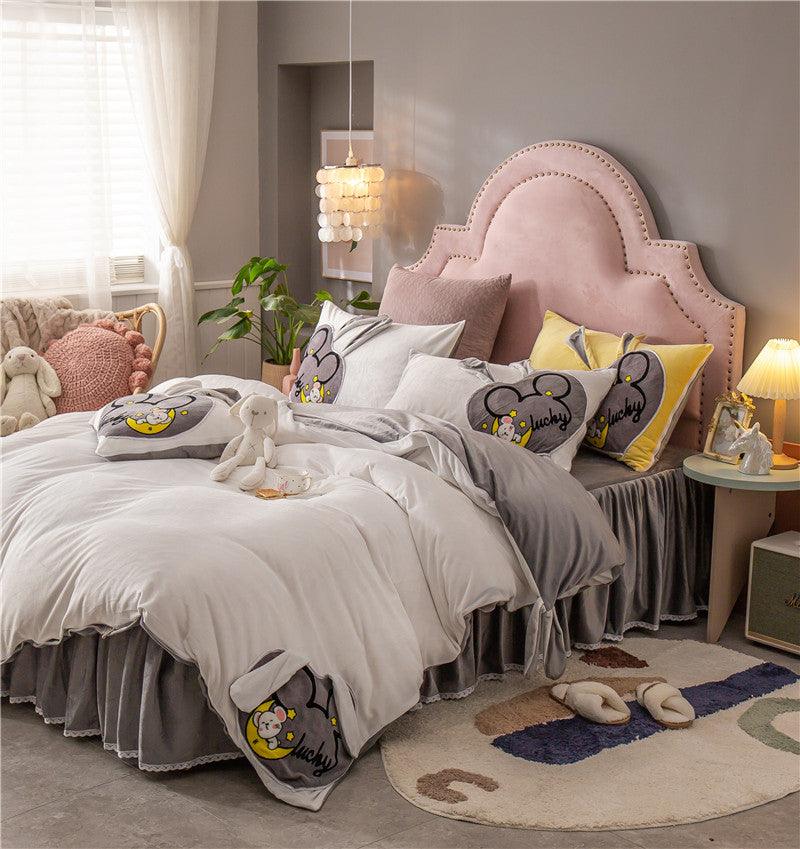 Cozy Royalty: Coral Velvet Padded Warm Princess Bedding Set  