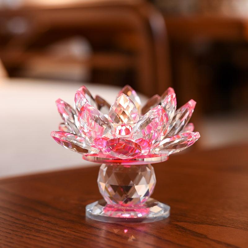 Crystal Lotus Butter Lamp Glass Candle Holder OrnamentPink S 