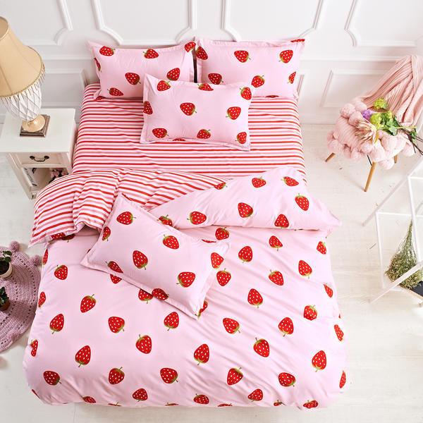 Cute in Pink: Strawberry Pattern Cotton Bedding SetPink 1.2m 