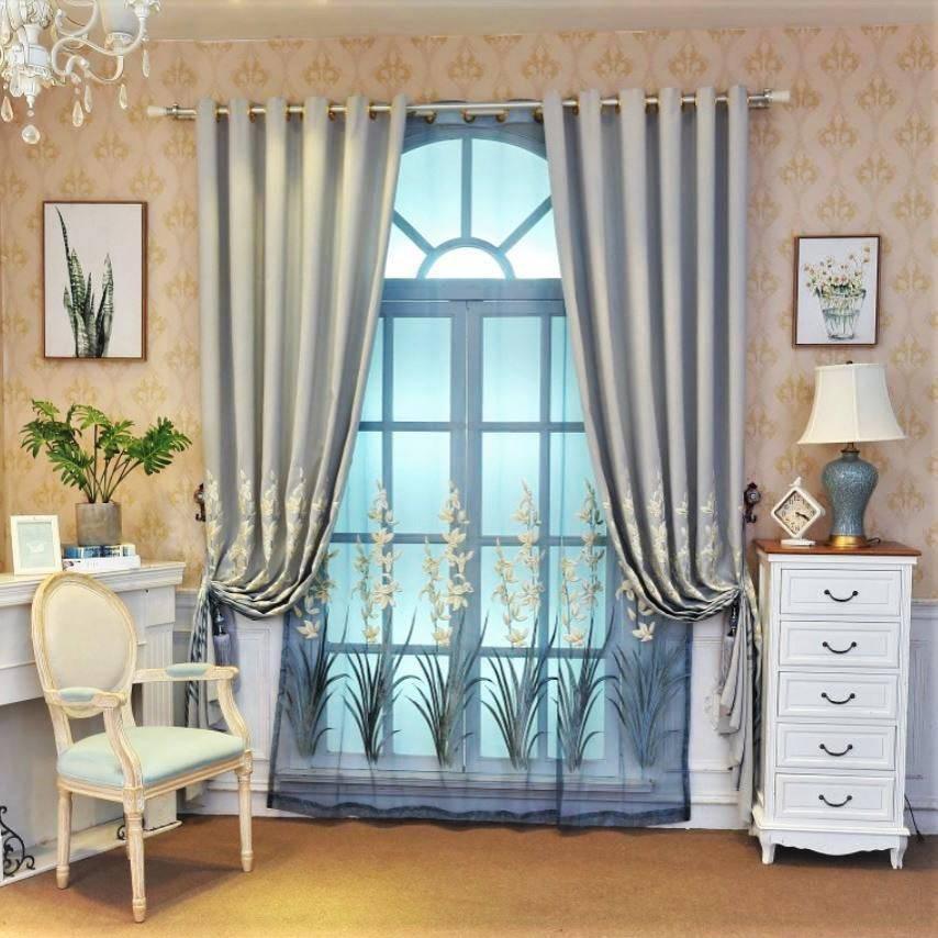 Della embroidered floral pattern blue sheer curtain  