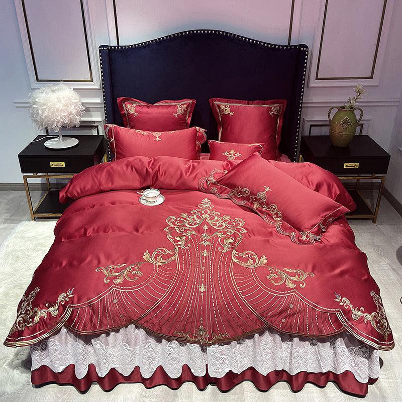 Effortless Elegance: Charming Bed Skirt or Bedsheet in Light Luxury Stylish Four-Piece SetRed 1.5M Bed Skirt 4PCS 
