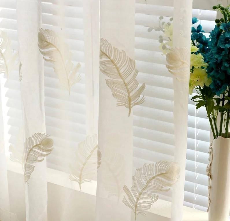 Egar embroidered feather pattern white or blue sheer curtain  