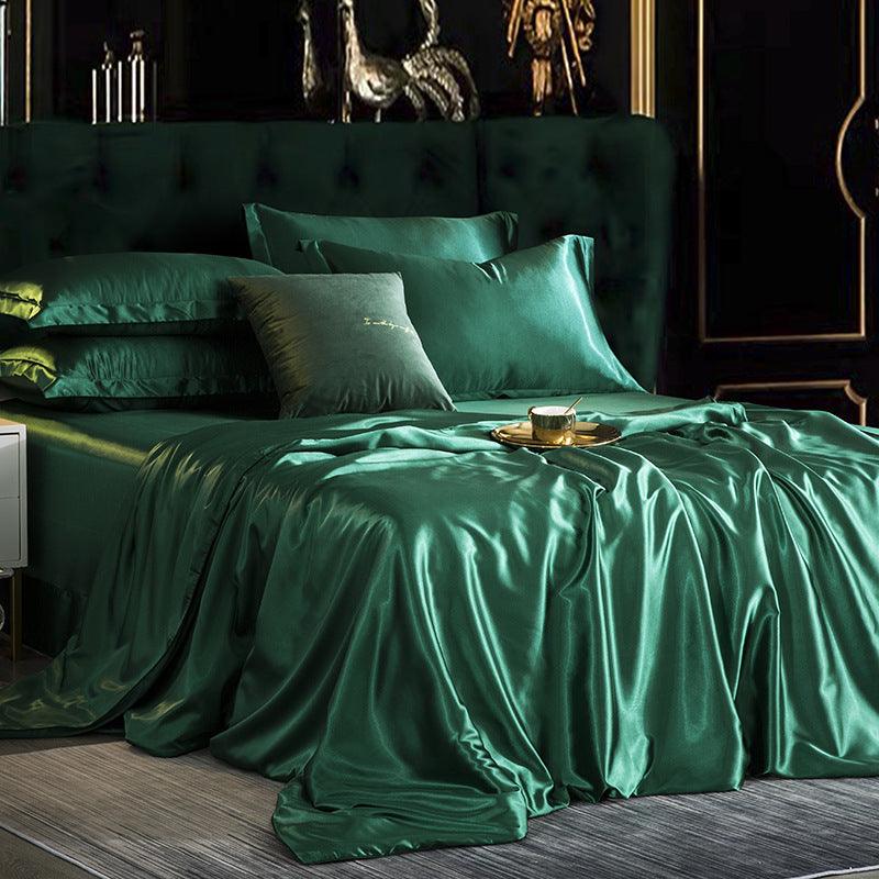 Elegance in Simplicity: Mulberry Silk Four-Piece Modern Minimalism Bedding SetDark Green Fitting 1.2m