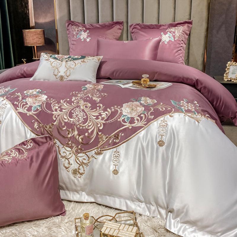 Elegant Extravagance: European Champagne Flower Embroidery Luxury Four-Piece Bedding Set  