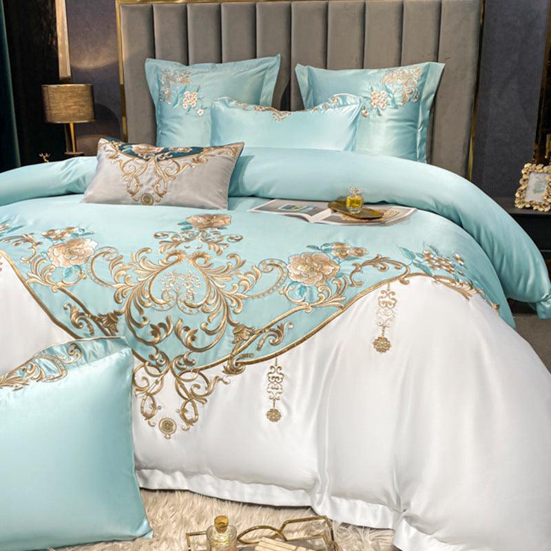 Elegant Extravagance: European Champagne Flower Embroidery Luxury Four-Piece Bedding SetFresh Blue 2m Bed Sheet 