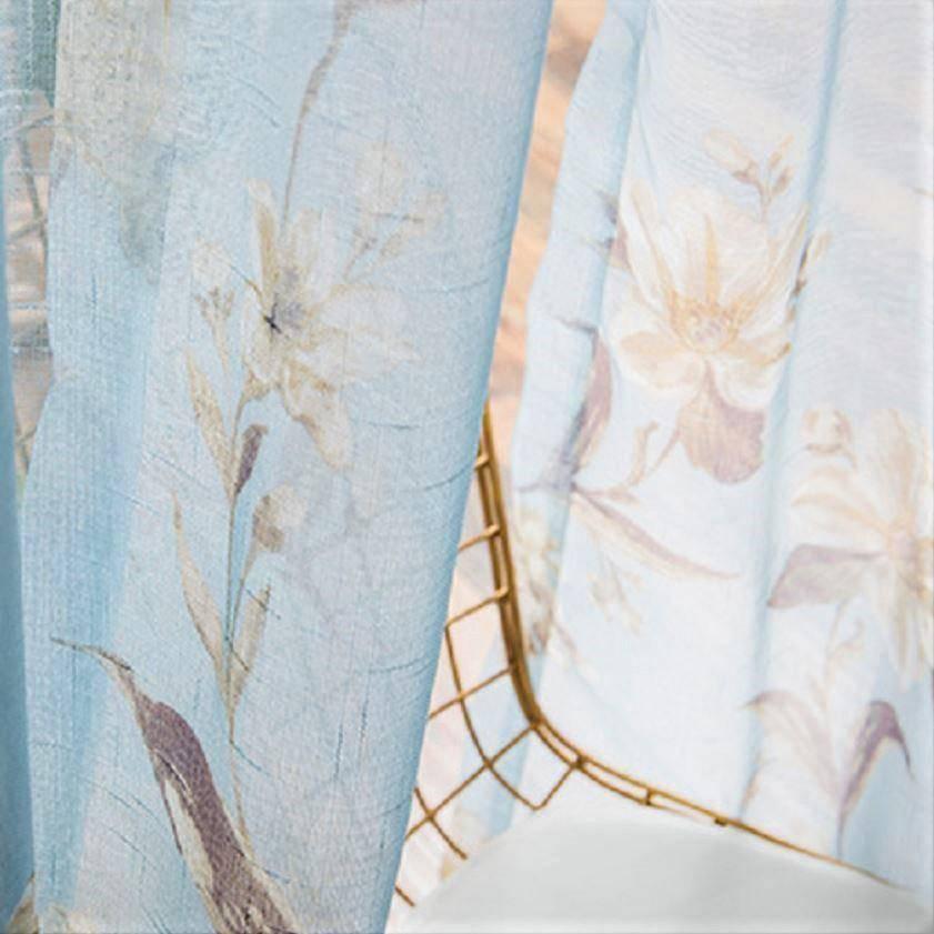 Felia sky blue color printed floral pattern sheer curtain100 cm x 250 cm Pencil Pleat 