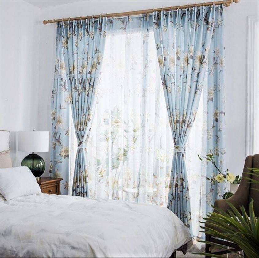 Felia sky blue color printed floral pattern sheer curtain  