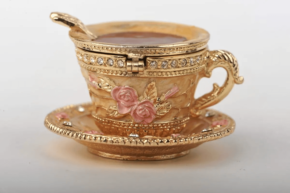 Golden Tea Cup with Pink Roses  