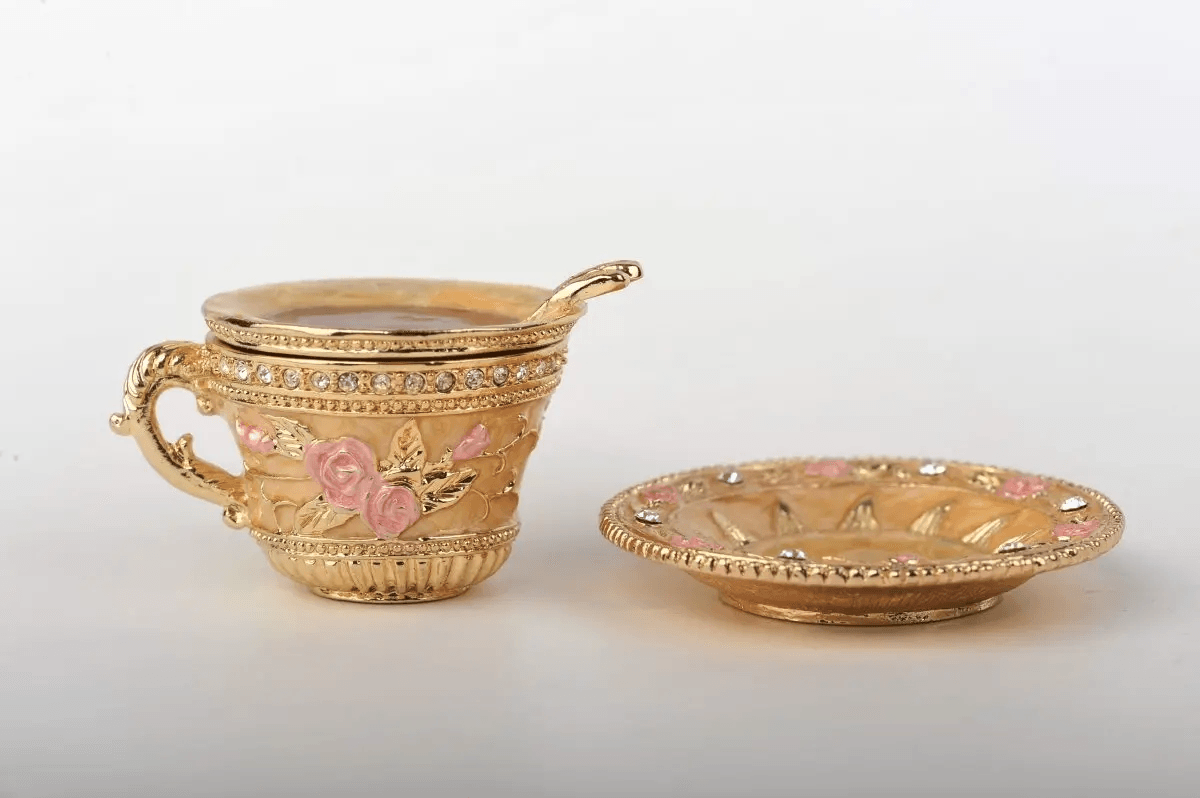 Golden Tea Cup with Pink Roses  