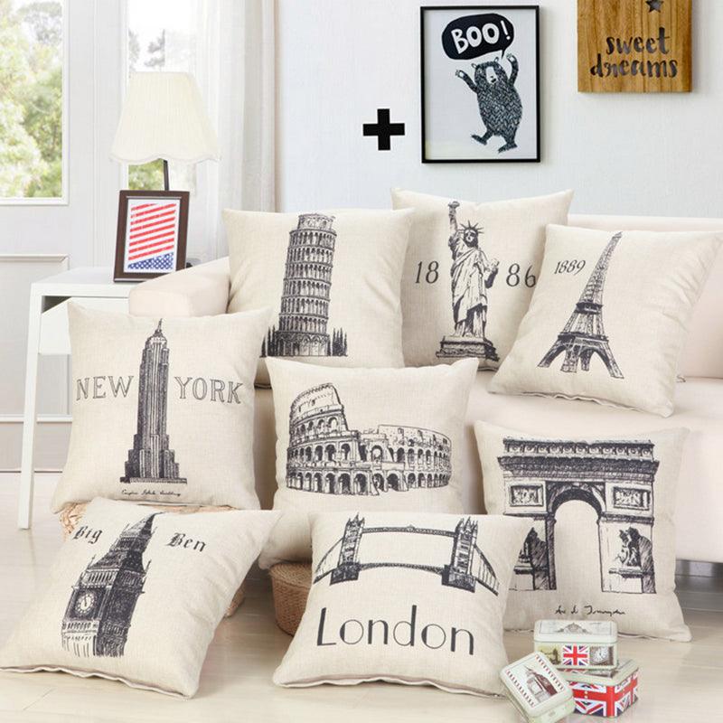 Great Buildings Print Pillow Cases - London, Paris, New York Decorative Pillows in Cotton Linen for Stylish Home Decor, Square Throw Pillows Cover  