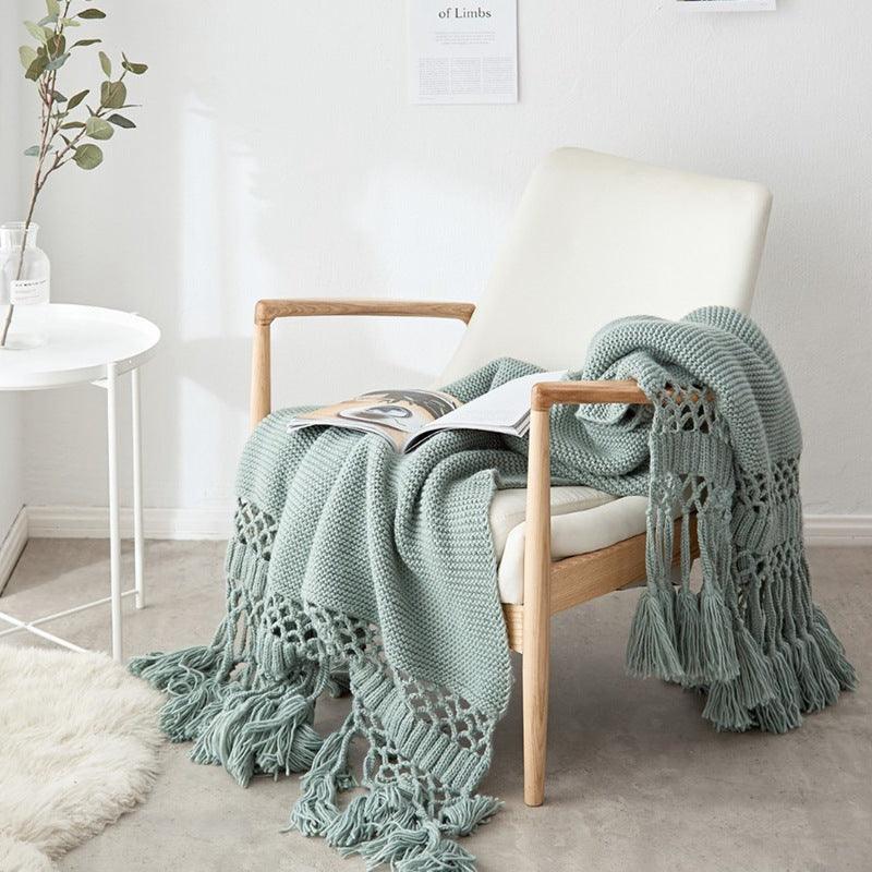Hand-woven tassel knitted blanketGreen  