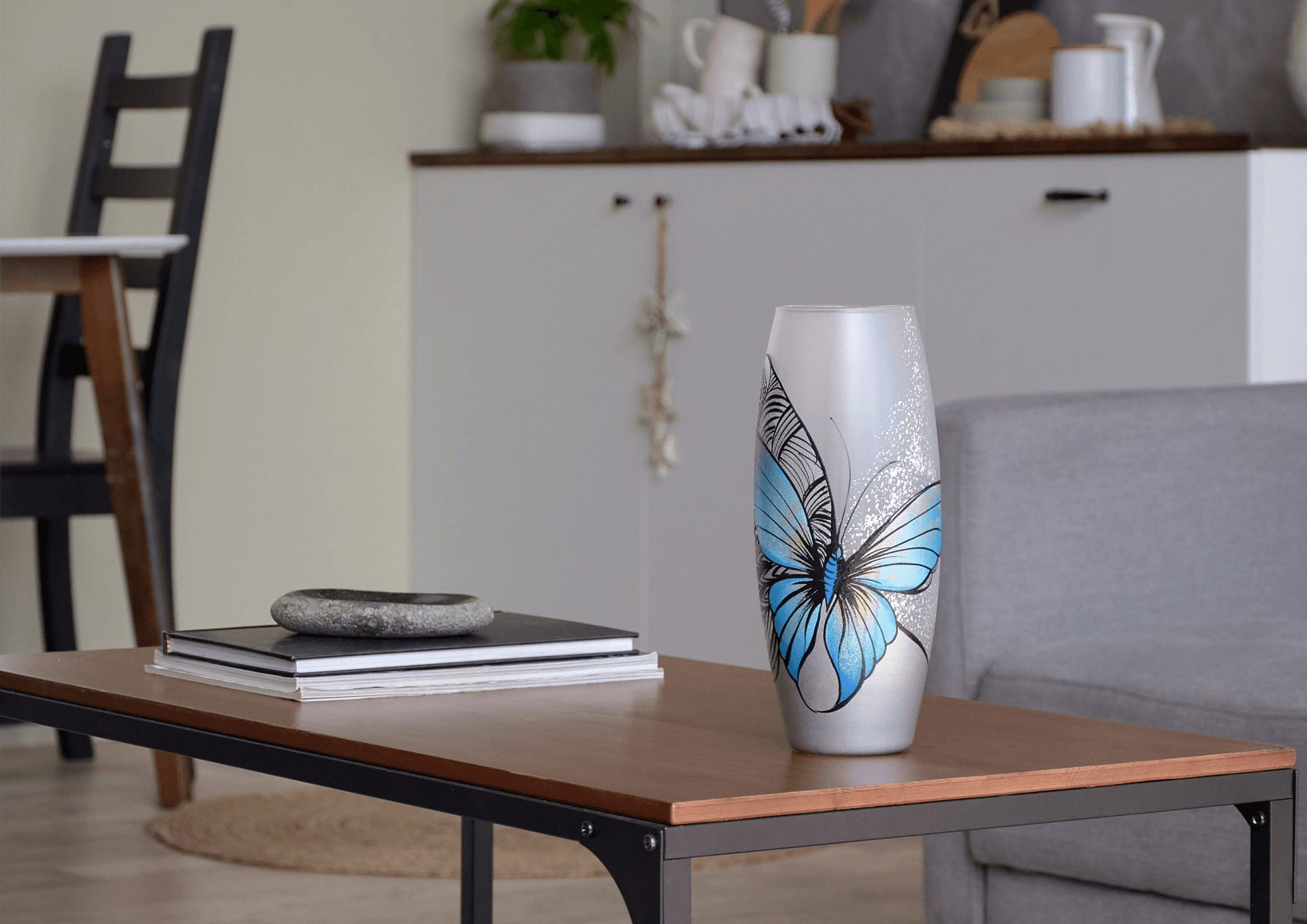 Handpainted Glass Vase for Flowers | Blue Butterfly Painted Art Glass Oval Vase | Interior Design | Table vase 10 inch | 7736/250/sh227  