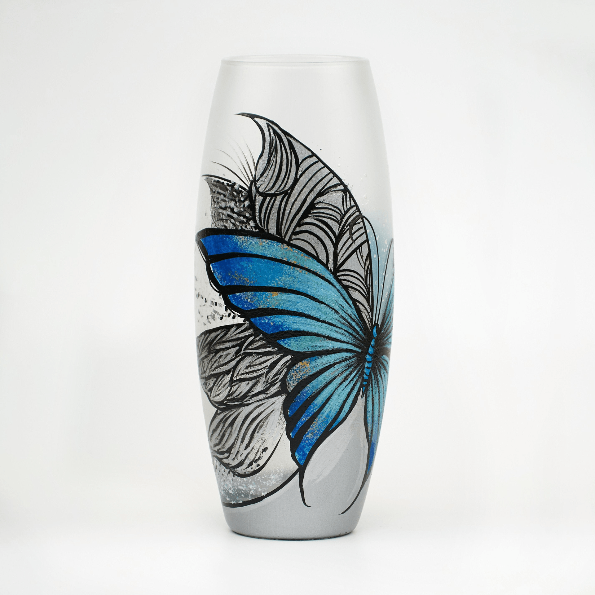 Handpainted Glass Vase for Flowers | Blue Butterfly Painted Art Glass Oval Vase | Interior Design | Table vase 10 inch | 7736/250/sh227  