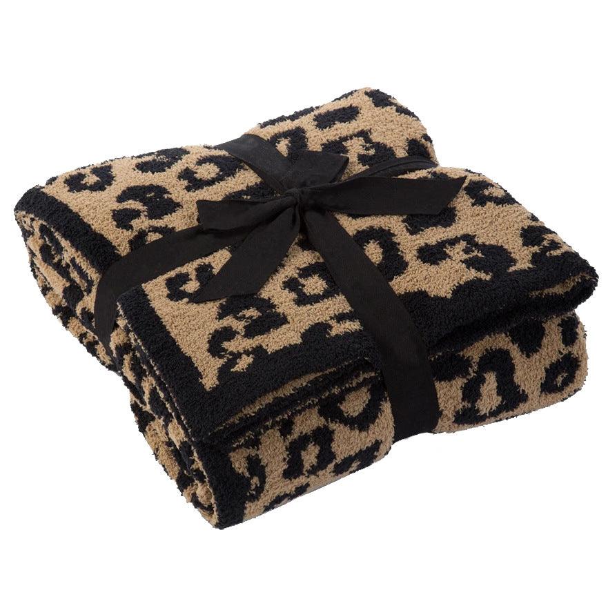 Knitted Leopard Blanket Plus Velvet Knitted Jacquard Barefoot Dream BlanketBlack camel 130x180 