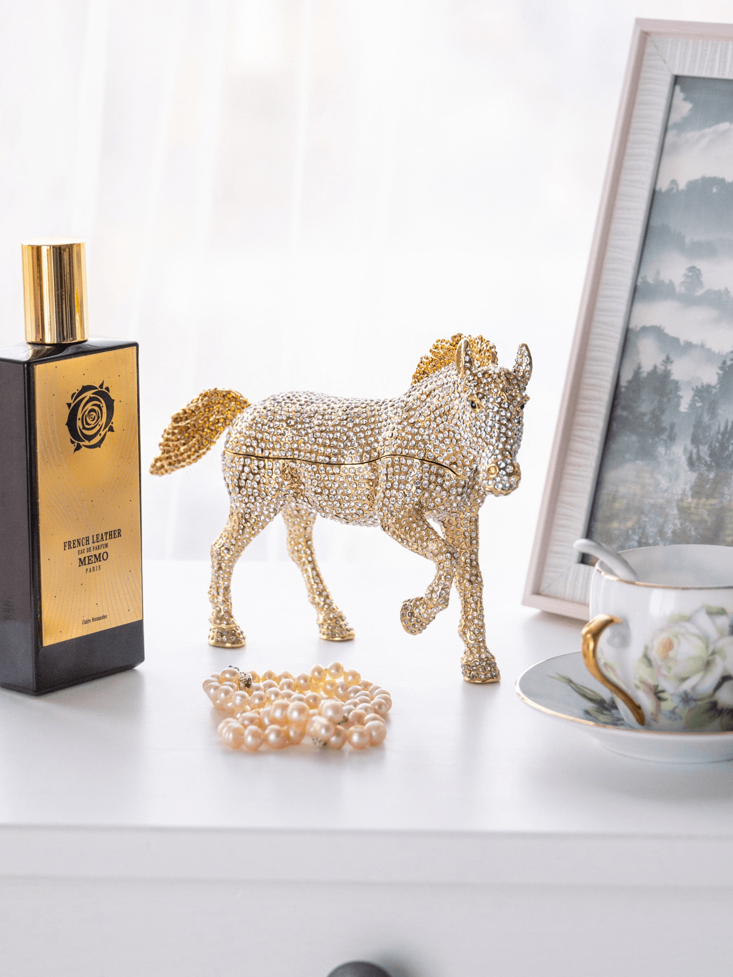 Large Golden Horse Decorated with White Crystals  