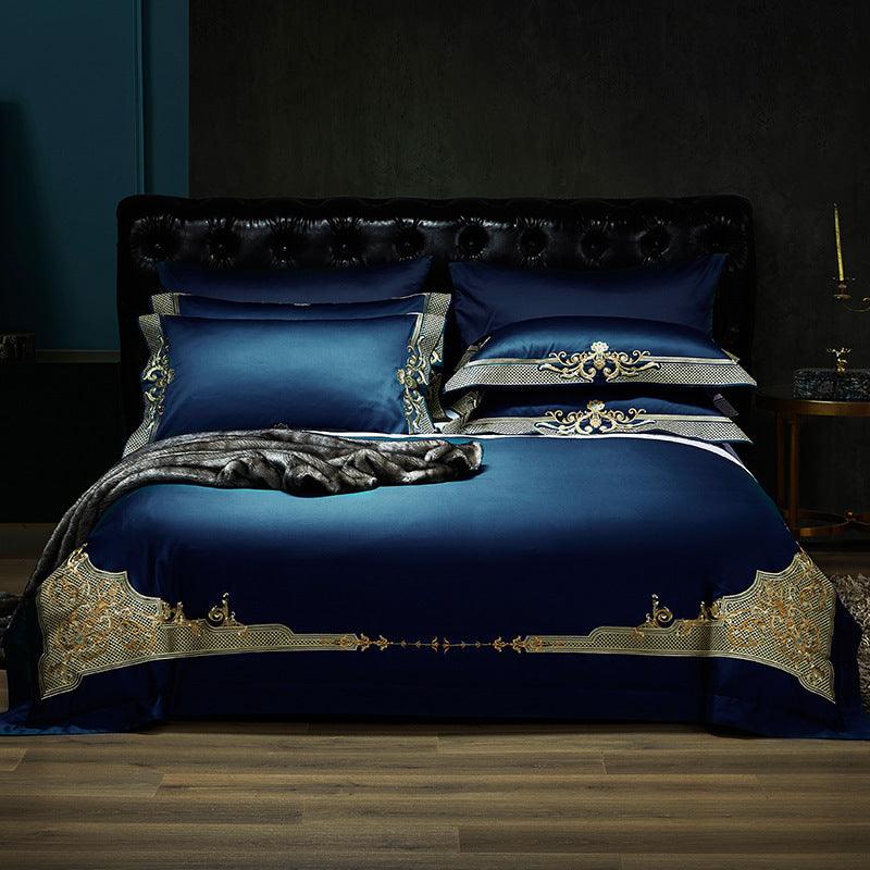 Luxurious Comfort: Four-Piece Satin Cotton Rich Solid Color Bedding SetBlue 1.5m to 1.8m 4 pcs set 