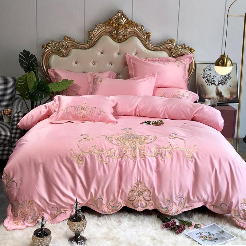 Luxurious Embroidery: Four-Piece Pure Cotton Bedding SetPink Flat sheet 1.5m bed