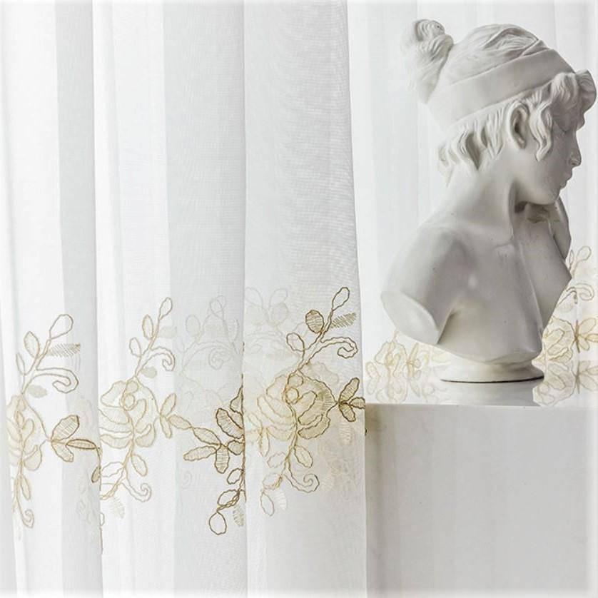 Melody gold embroidered white custom made sheer curtain100 cm x 250 cm Pencil Pleat 