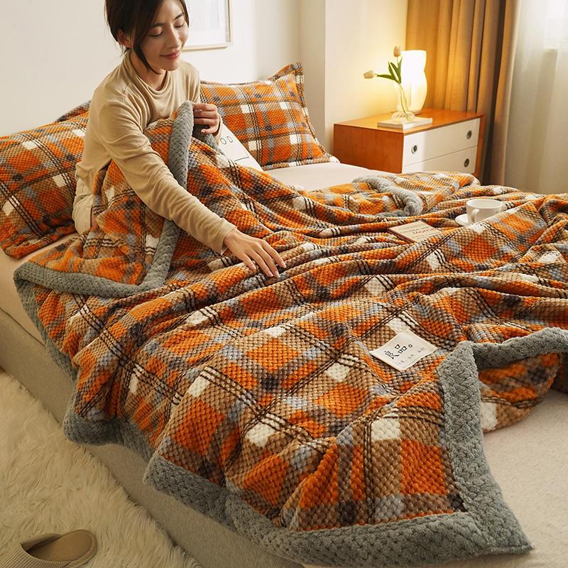 New Thickened Warm Plush BlanketMultiple grid dark orange 150x200cm 