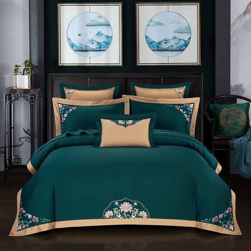 Opulent Charm: Luxury 4-Piece Embroidered Cotton Bedding SetDark green 200 230cm 
