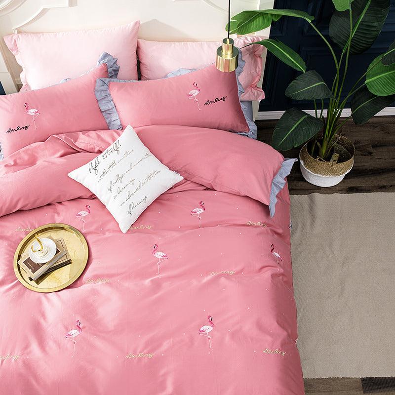 Playful Comfort: Kids Long-Staple Cotton Satin Bedding Set with Flamingo Pattern  