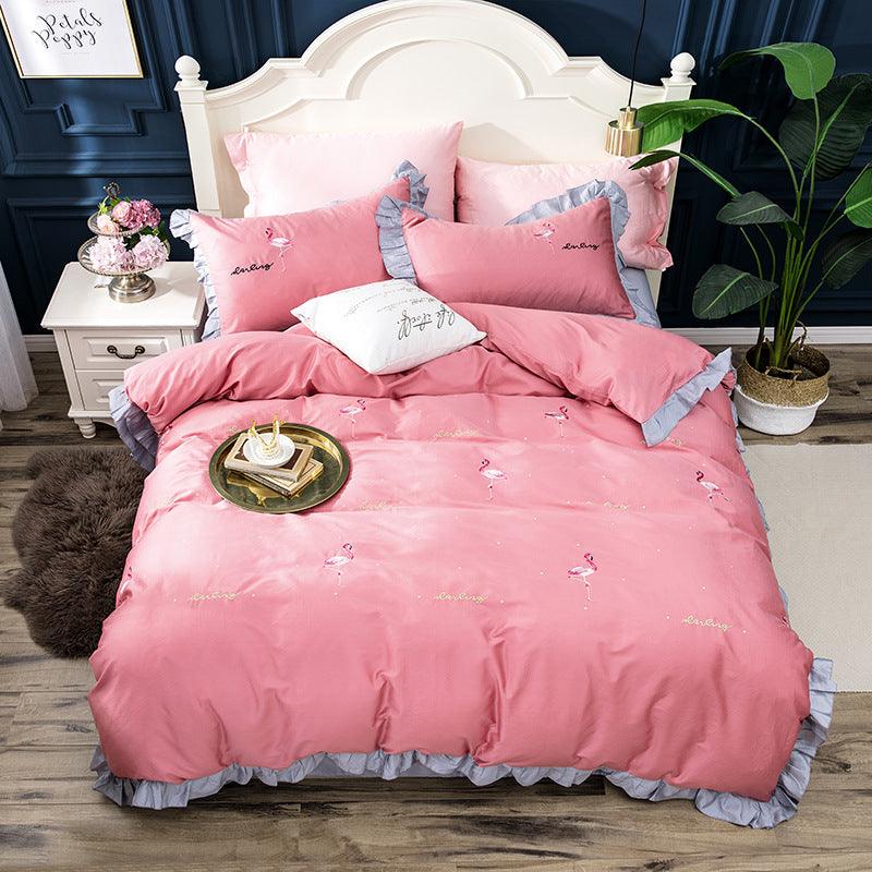 Playful Comfort: Kids Long-Staple Cotton Satin Bedding Set with Flamingo PatternRose Red 1.5m to 1.8m 