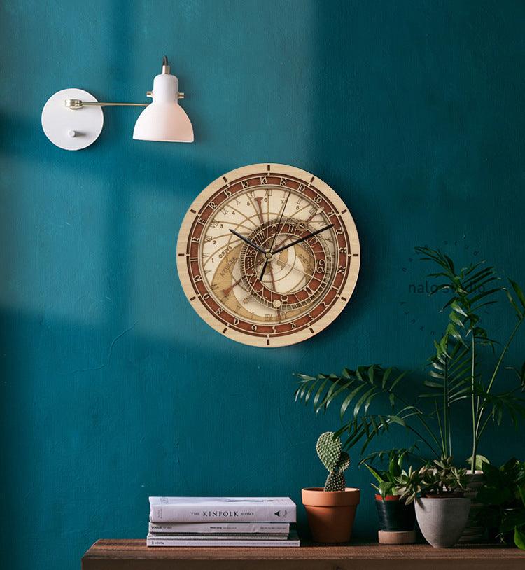 Prague Wooden Astronomical Clock Creative Living Room Wall  